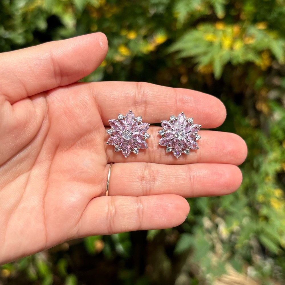 18K White Gold Plated Stainless Steel Pink Diamond Flower Earrings